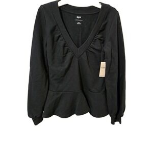 Maeve by Anthropologie V-Neck Ruched Sweatshirt Black Size Small NWT